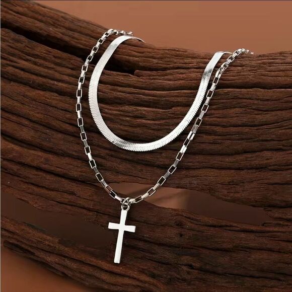 Dainty Double Layers Adjustable Cross Set Necklaces - Picture 3 of 4